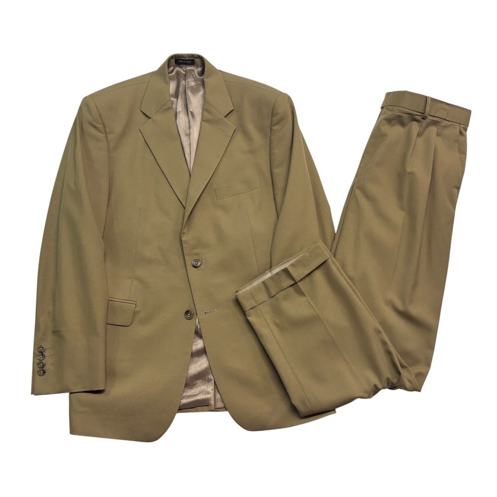 Alexandre London 42R 36x32 Tan Bespoke 2pc Pant Suit Tailored Wool Pleated